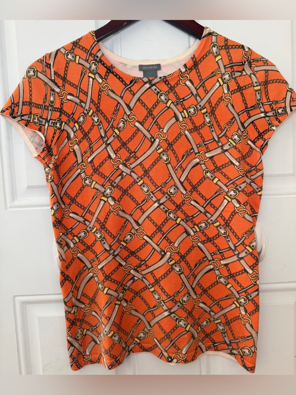 Ann Taylor Silk Blend Orange Chain & Buckle Short Sleeve Knit Top S Small